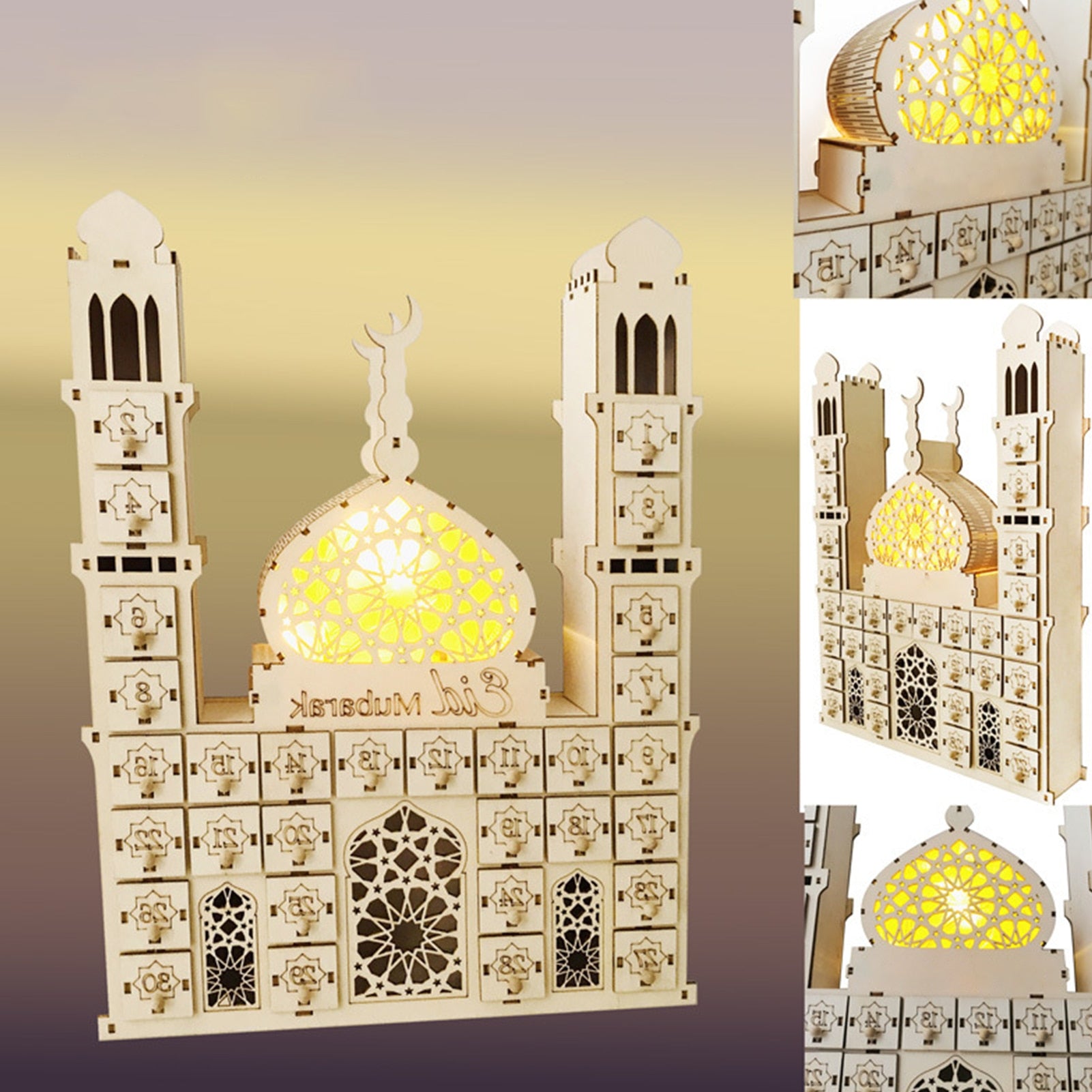 Wooden craft decorations custom Eid Mubarak Ramadan 3D puzzle castle LED lighting decorations home living room decorations