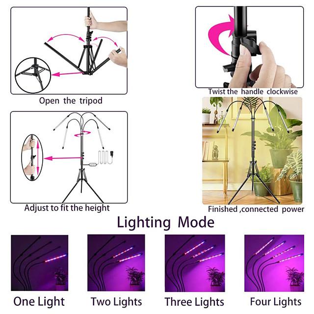 Plant Grow LED Light for Indoor Plants LED Spectrum Grow Lamp with Timer wor Seedling Dual Controllers Auto On/Off Adjustable Stand 4 Head Gooseneck