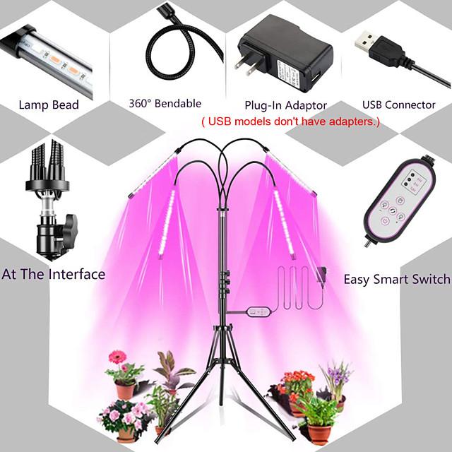 Plant Grow LED Light for Indoor Plants LED Spectrum Grow Lamp with Timer wor Seedling Dual Controllers Auto On/Off Adjustable Stand 4 Head Gooseneck